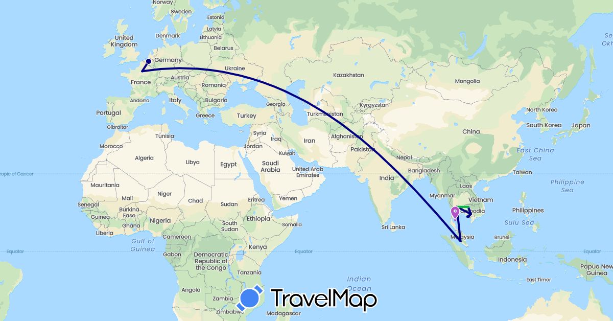 TravelMap itinerary: driving, bus, train in Belgium, France, Cambodia, Malaysia, Thailand (Asia, Europe)